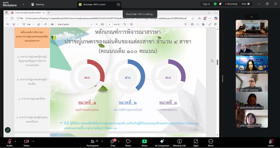 title - ผู้ตรวจราชการ ส.ป.ก. ร่วมประชุมคณะทำงานสรรหาปราชญ์เกษตรของแผ่นดินระดับเขต ประจำปี พ.ศ. 2569 เขตตรวจราชการที่ 1 ผ่านระบบออนไลน์ (Zoom Meeting)